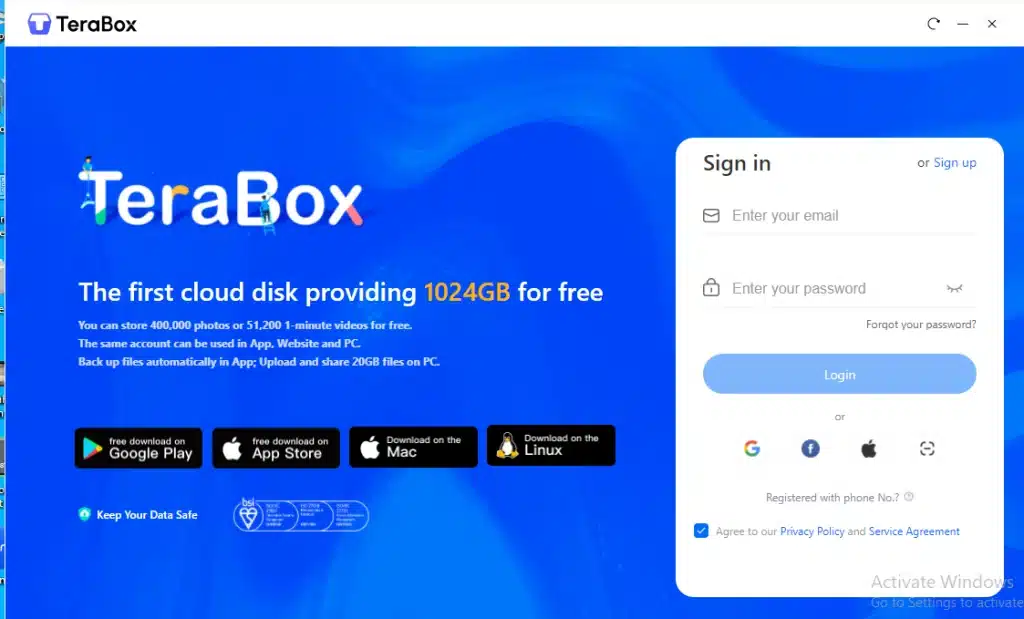 TeraBox For PC Login Area